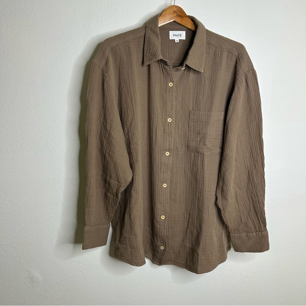 NWOT MATE The Label 100% Organic Cotton Gauze Button Down Shirt Brown Tan XL - Picture 5 of 15
